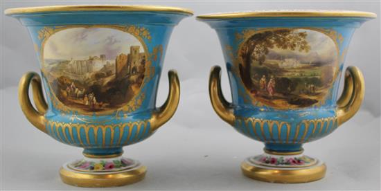 A pair of Copeland and Garrett gilt and turquoise porcelain campana urns, c.1840, 19cm